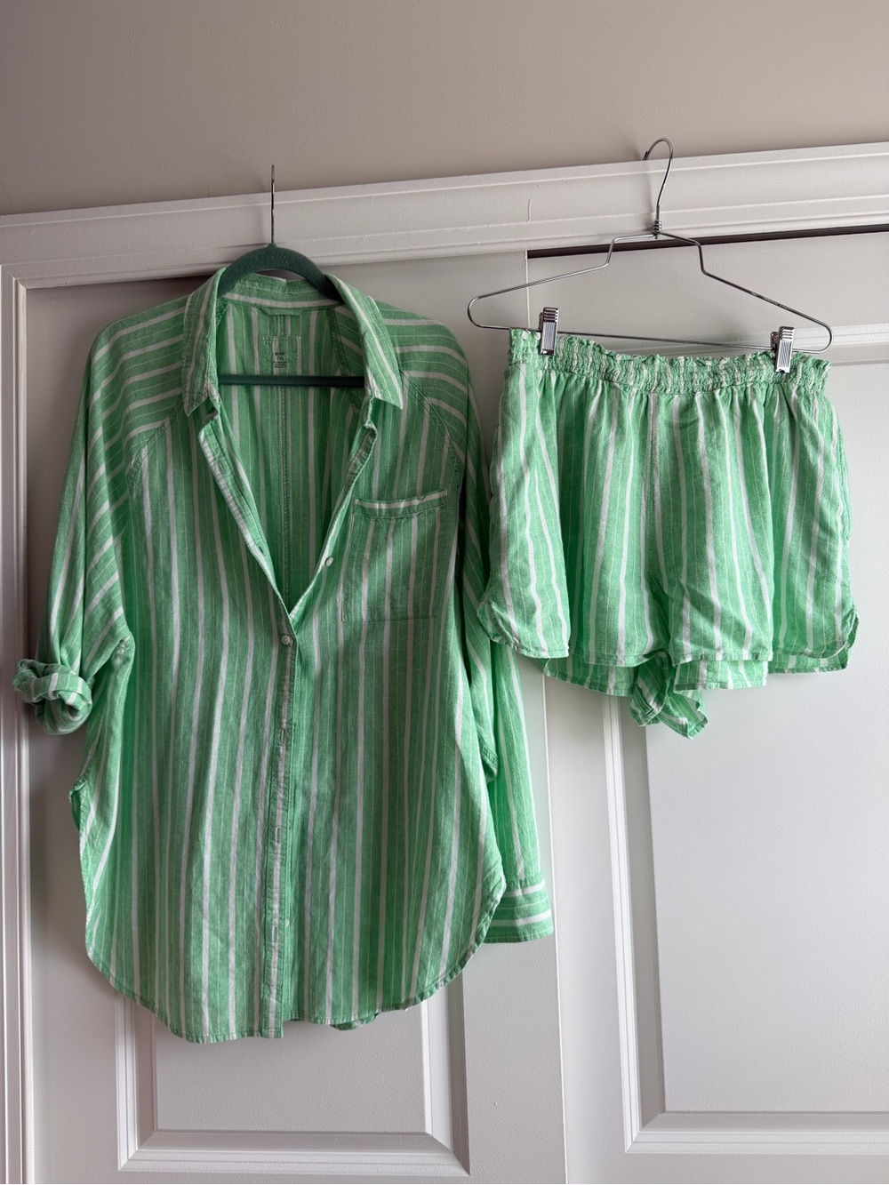 Women's Green Striped Shirt & Shorts Set